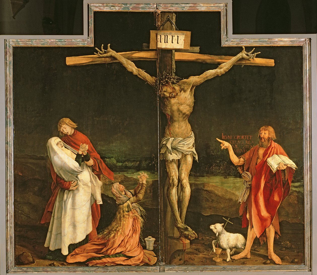 Ristiinnaulitseminen, Isenheimin alttaritaulusta, n. 1512-1515 tekijältä Matthias Grünewald