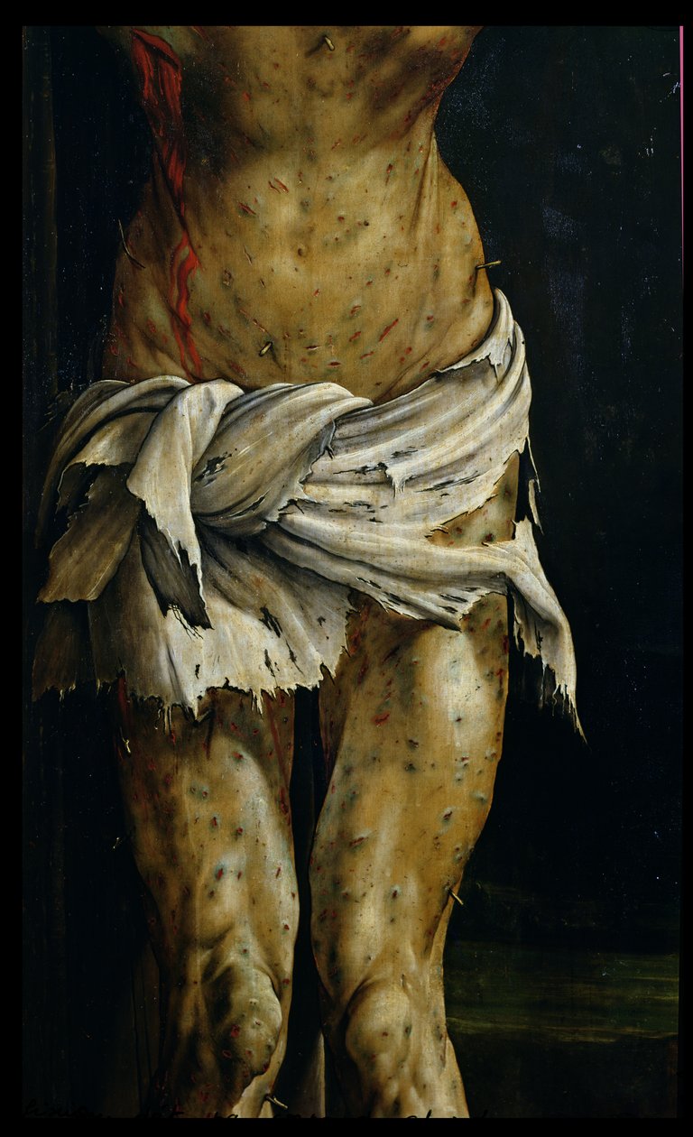 Ristiinnaulitseminen Isenheimin alttaritaulusta, yksityiskohta Kristuksen ruumiista, n. 1512-16, öljy paneelissa. tekijältä Matthias Grünewald