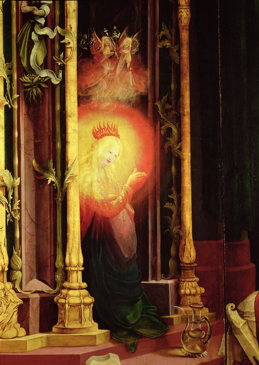 Neitsyt valaistu, yksityiskohta Enkelikonsertti Isenheimin alttaritaulusta, n. 1512-16 tekijältä Matthias Grünewald