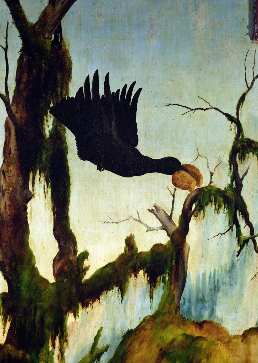 Pyhän Antoniuksen vierailu erakkopaavalin luo Isenheimin alttaritaululta. Yksityiskohta leipäpalaa kantavasta variksesta, n. 1512-16 öljytaulu tekijältä Matthias Grünewald