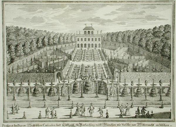 Näkymä ruhtinaskunnan asuinpaikasta lähellä Müncheniä, "Erlustierende Augenweide in Vorsetellung Herrliche Garten", kaiverrus Karl Remshard (1678-1735), julkaistu noin 1725 (kaiverrus) tekijältä Matthias (after) Diesel
