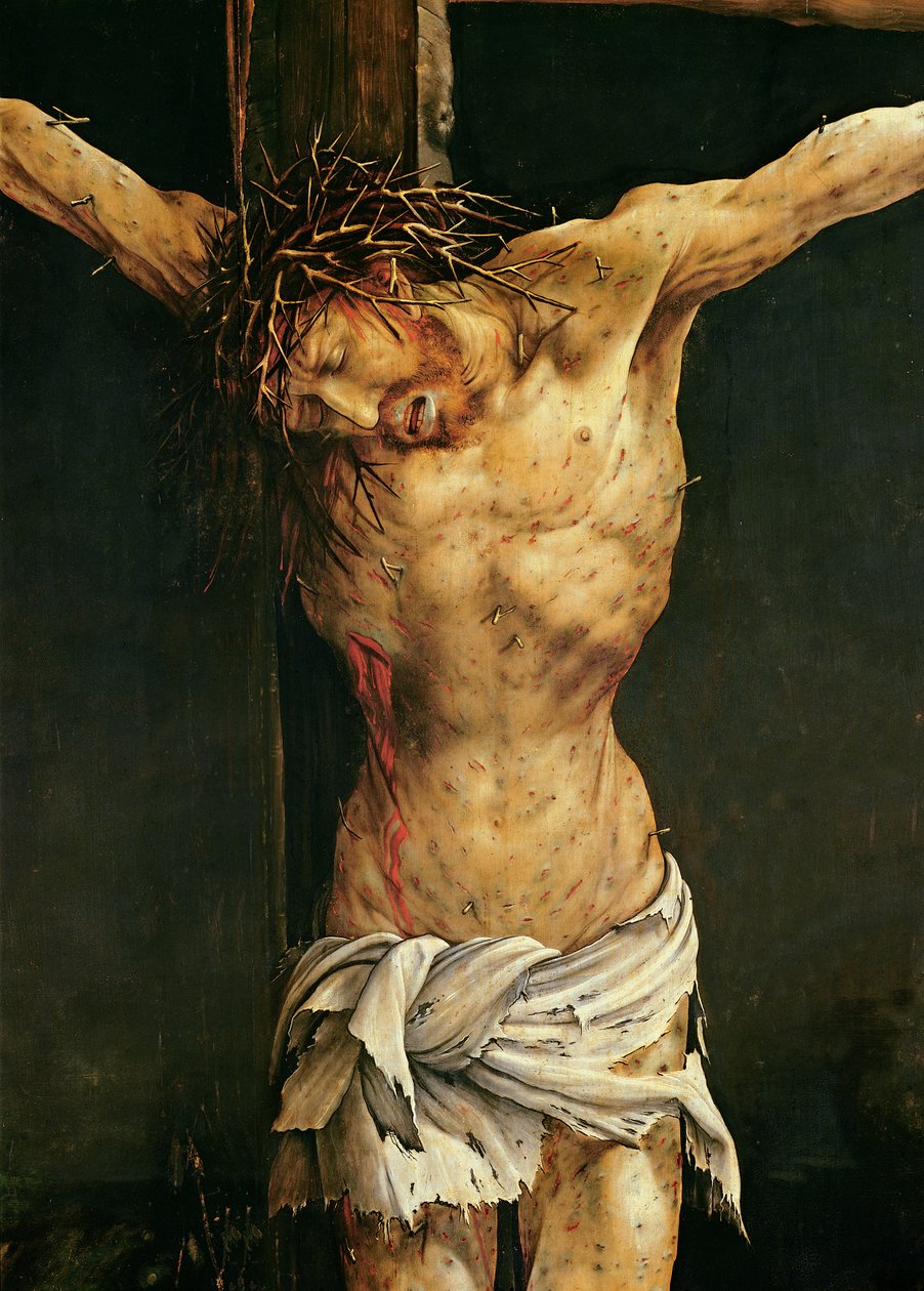 Kristus ristillä, yksityiskohta Isenheimin alttaritaulun keskeisestä ristiinnaulitsemisaiheesta, noin 1512-15 (öljy paneelille). tekijältä Matthias (c.1480-1528) Grunewald