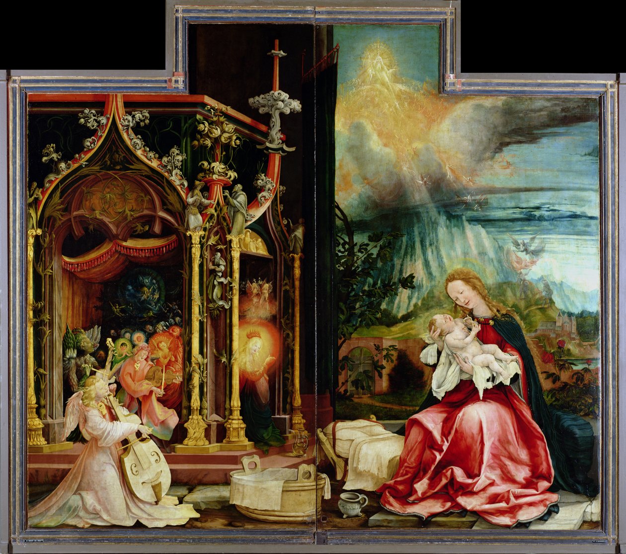 Isenheimin alttaritaulun enkelien syntymä ja konsertti, keskuspaneeli (öljy paneelille) tekijältä Matthias (c.1480 1528) Grunewald