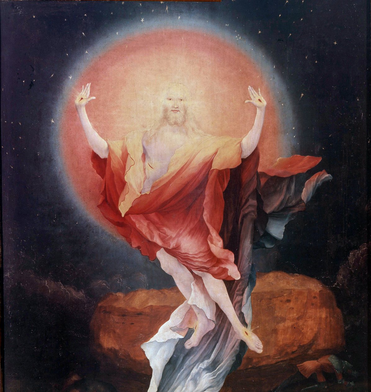 Issenheimin (tai Isenheimin) alttaritaulu: Mathis Neithardt Gothardt dit Matthias Grunewald (1480-1528) (1512-1516 Colmar, Musee Unterlinden) paneelit ”” ylösnousemus” tekijältä Matthias (c.1480 1528) Grunewald