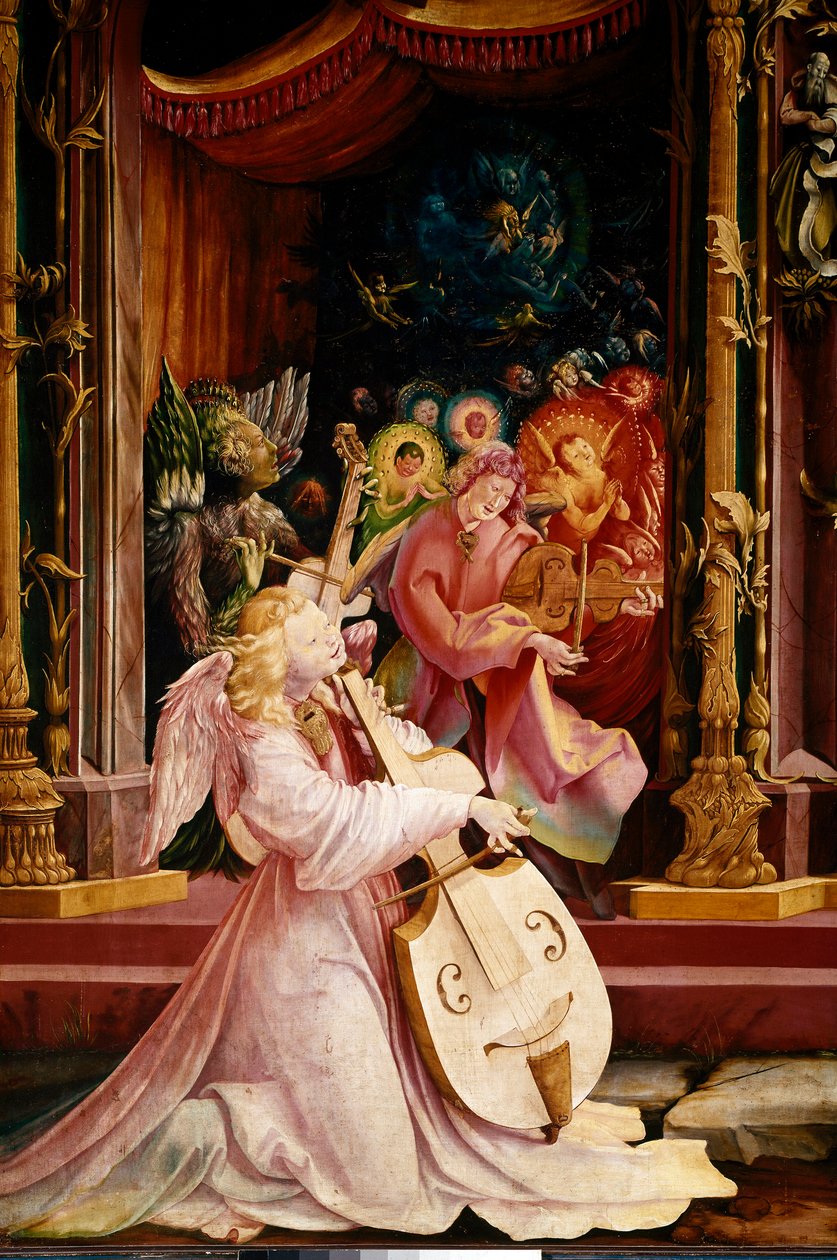 Issenheimin (tai Isenheimin) alttaritaulu: "" La Nativite"" Yksityiskohta Angels-muusikoiden konsertista. Keskellä oleva enkeli soittaa gamba-alttoviulua. Paneelit Mathis Neithardt Gothardt dit Matthias Grunewald (1480-1528) (ec.all.) 1512-1516 Dim. 265x30 tekijältä Matthias (c.1480 1528) Grunewald