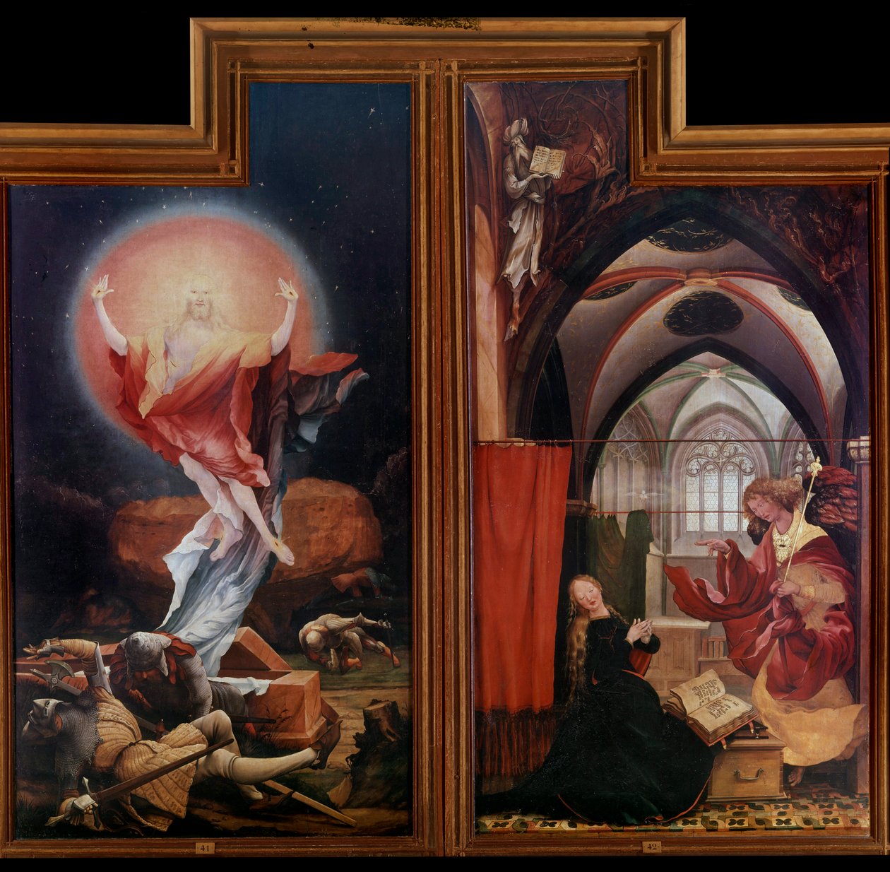 Issenheimin (tai Isenheimin) alttaritaulu: "" Ylösnousemus"" "" Ilmoitus"" Paneelit Mathis Neithardt Gothardt dit Matthias Grunewald (1480-1528) (ec.all.) 1512-1516 Colmar, Musee Unterlinden tekijältä Matthias (c.1480 1528) Grunewald