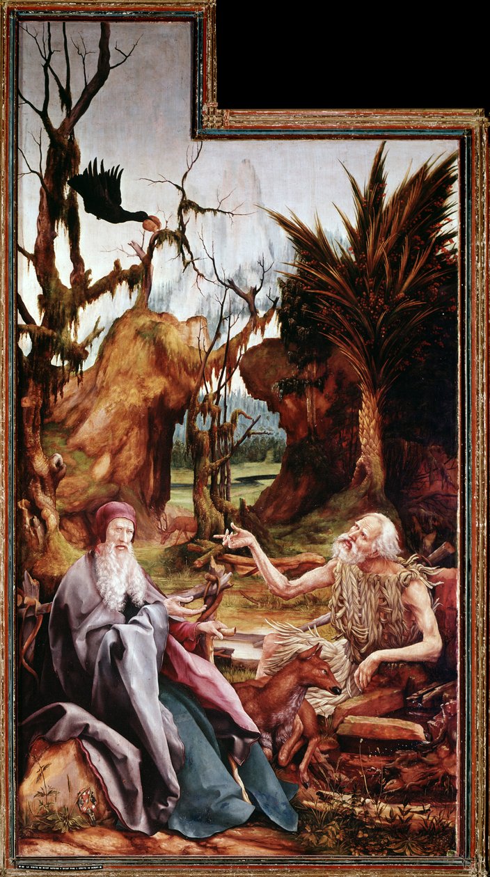 Pyhä Antonius Suuri ja Pyhä Paavali erämaassa, Issenheimin alttaritaulu (öljy paneelissa tekijältä Matthias (c.1480 1528) Grunewald