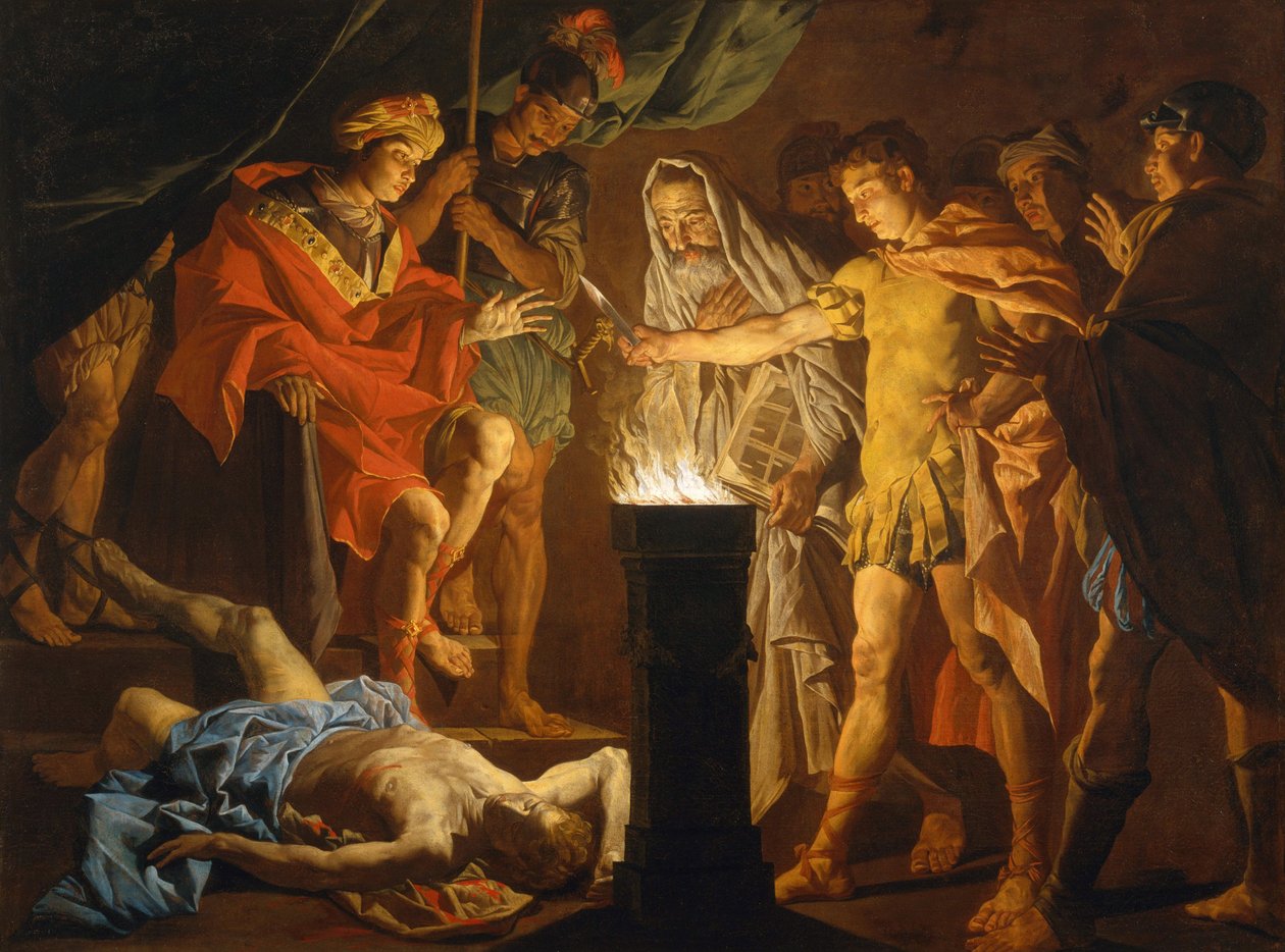 Mucius Scaevola Lars Porsennan läsnä ollessa, noin 1640-luku (öljy kankaalle). tekijältä Matthias (c.1600-p.1650) Stomer