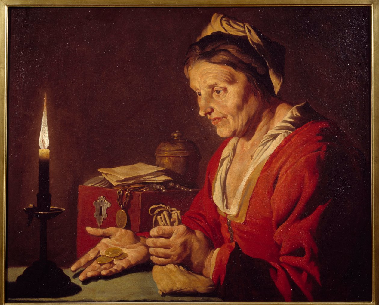 Ahneus - Vanha nainen katselee kynttilän valossa kultarahojaan, jotka hän tuli juuri ulos piilopaikastaan - Mathias Stomer (Matthias Stom) maalaus (1600-1650) Ec Flam tekijältä Matthias (c.1600 p.1650) Stomer