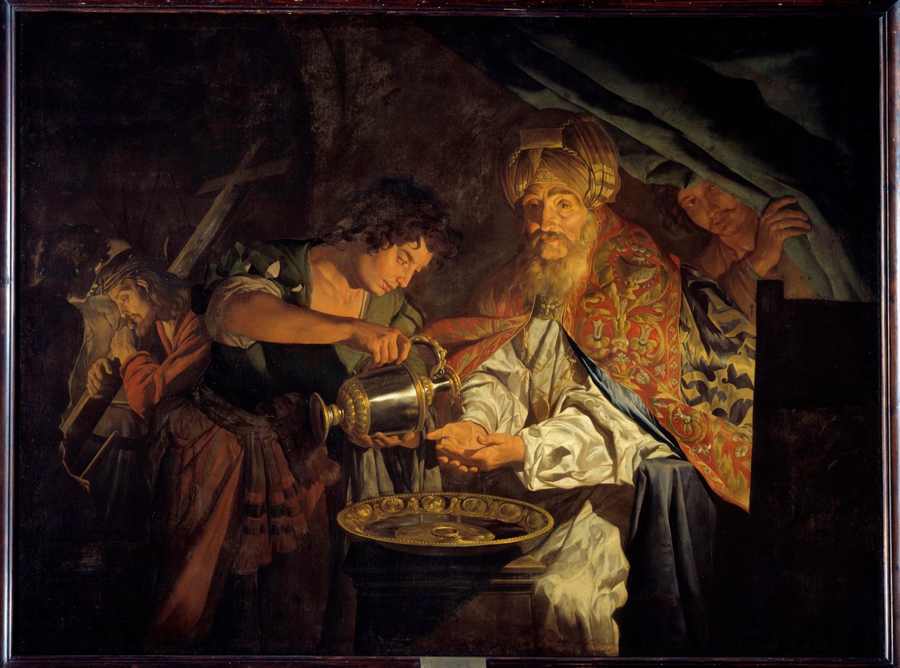 Pontius Pilatus (Pontius Pilatius) pesee kätensä Pontius Pilatus (10 eKr.-39 jKr.), Juudean prefetti, joka tuomitsi Jeesuksen Kristuksen hyödyttömäksi, pesee kätensä osoittaakseen erimielisyyttään - Mathias Stomer (Matthias Stom) (1600-1650) maalaus ) tekijältä Matthias (c.1600 p.1650) Stomer