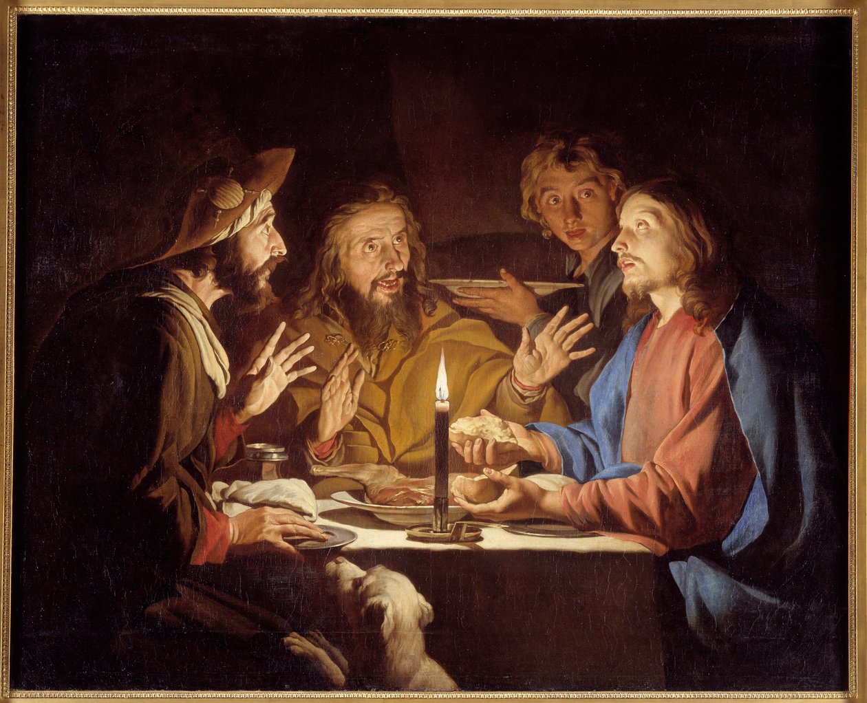 Emmauksen Kristuksen opetuslapset ilmestyvät emmauslaisen majatalon pöydän ääressä istuville pelerineille - Mathias Stomer (Matthias Stom) maalaus (1600-1650) 1600-luku Aurinko 1,3x1,64 m Grenoble, Musee des Beaux Arts tekijältä Matthias (c.1600 p.1650) Stomer