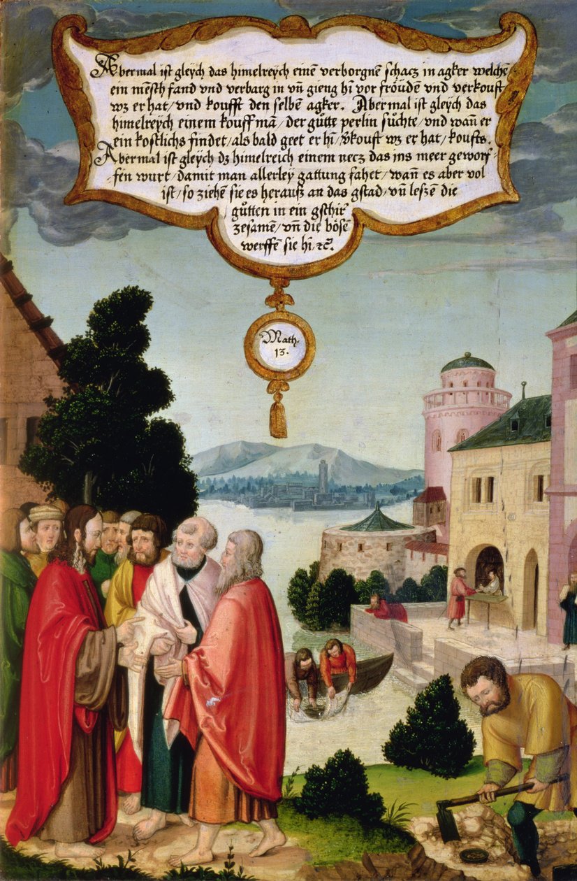 Taivaan valtakunta on kuin verkko, joka heitettiin mereen ja joka keräsi kaikenlaisia kaloja (Matt. 13), esimerkki Kristuksen opetuksesta, osa Mompelgarterin alttaritaulun siipipaneelista tekijältä Matthias Gerung or Gerou