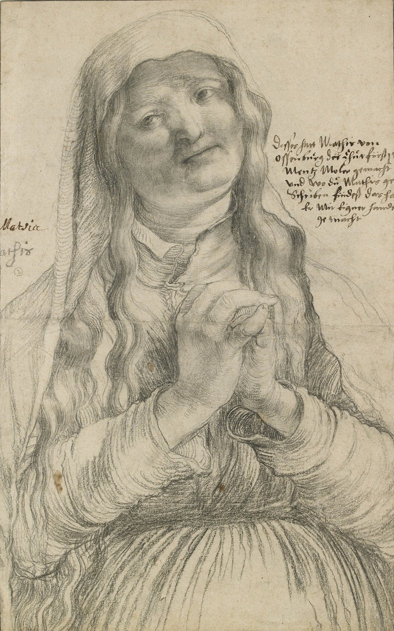 Iäkäs nainen ristissä kädet, n. 1512 (musta liitu paperilla) tekijältä Matthias Grünewald