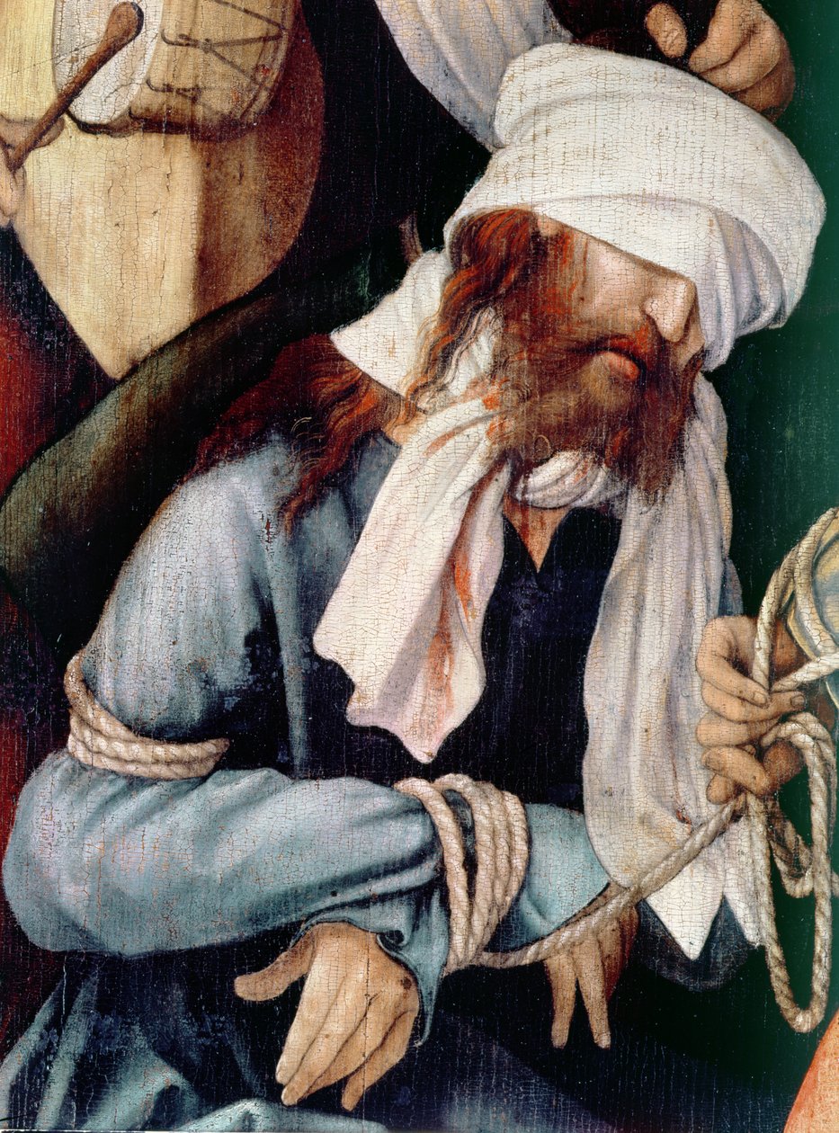 Yksityiskohta Kristuksen pilkkaamisesta öljy kankaalle tekijältä Matthias Grünewald