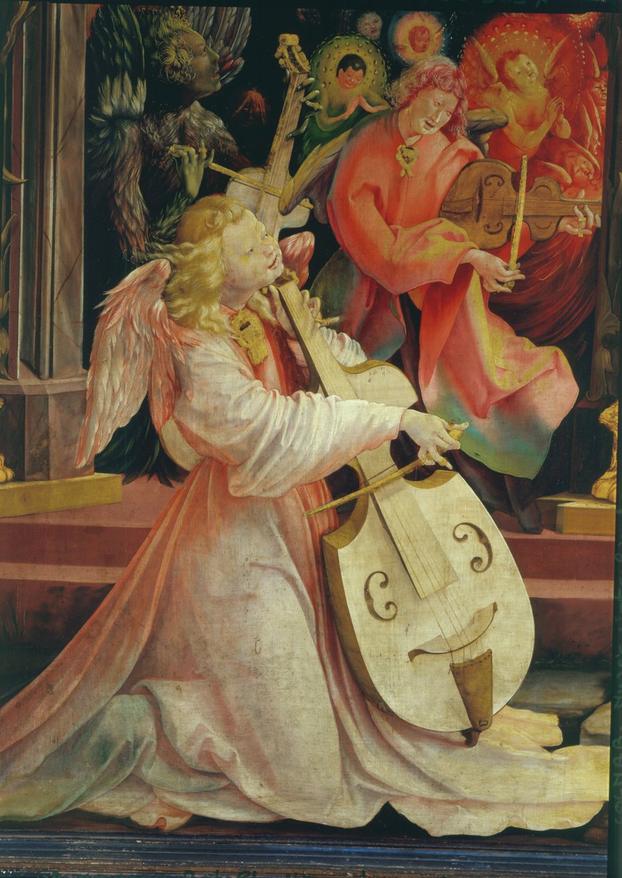 Enkelten konsertti, Isenheimin alttaritaulusta, n.1512-16 öljy paneelille yksityiskohta vuodelta 17670. tekijältä Matthias Grünewald