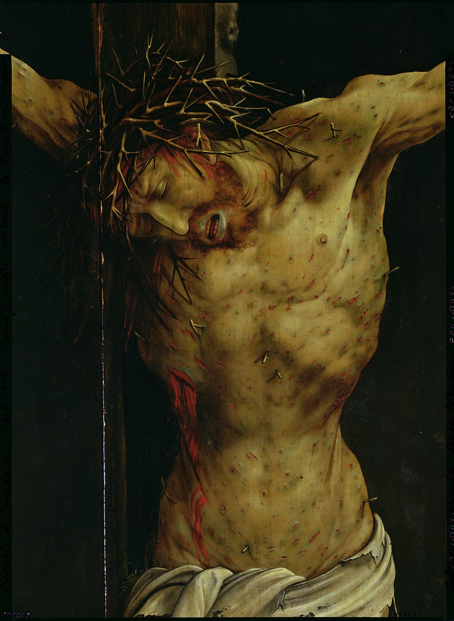 Ristiinnaulitseminen Isenheimin alttaritaulusta, yksityiskohta Kristuksen vartalosta, n.1512-16 öljy paneelille, yksityiskohtia tekijältä Matthias Grünewald