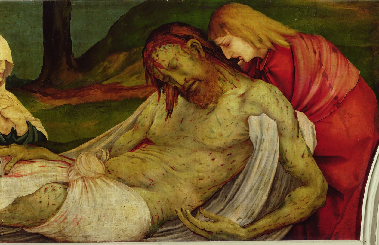 Hautaaminen Isenheimin alttaritaulusta, noin 1512-16. tekijältä Matthias Grünewald