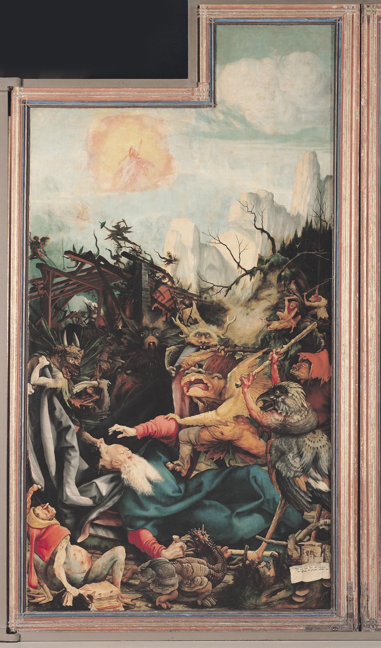 Isenheimin alttaritaulu. Oikea siipi: Pyhän Antoniuksen kiusaus tekijältä Matthias Grünewald