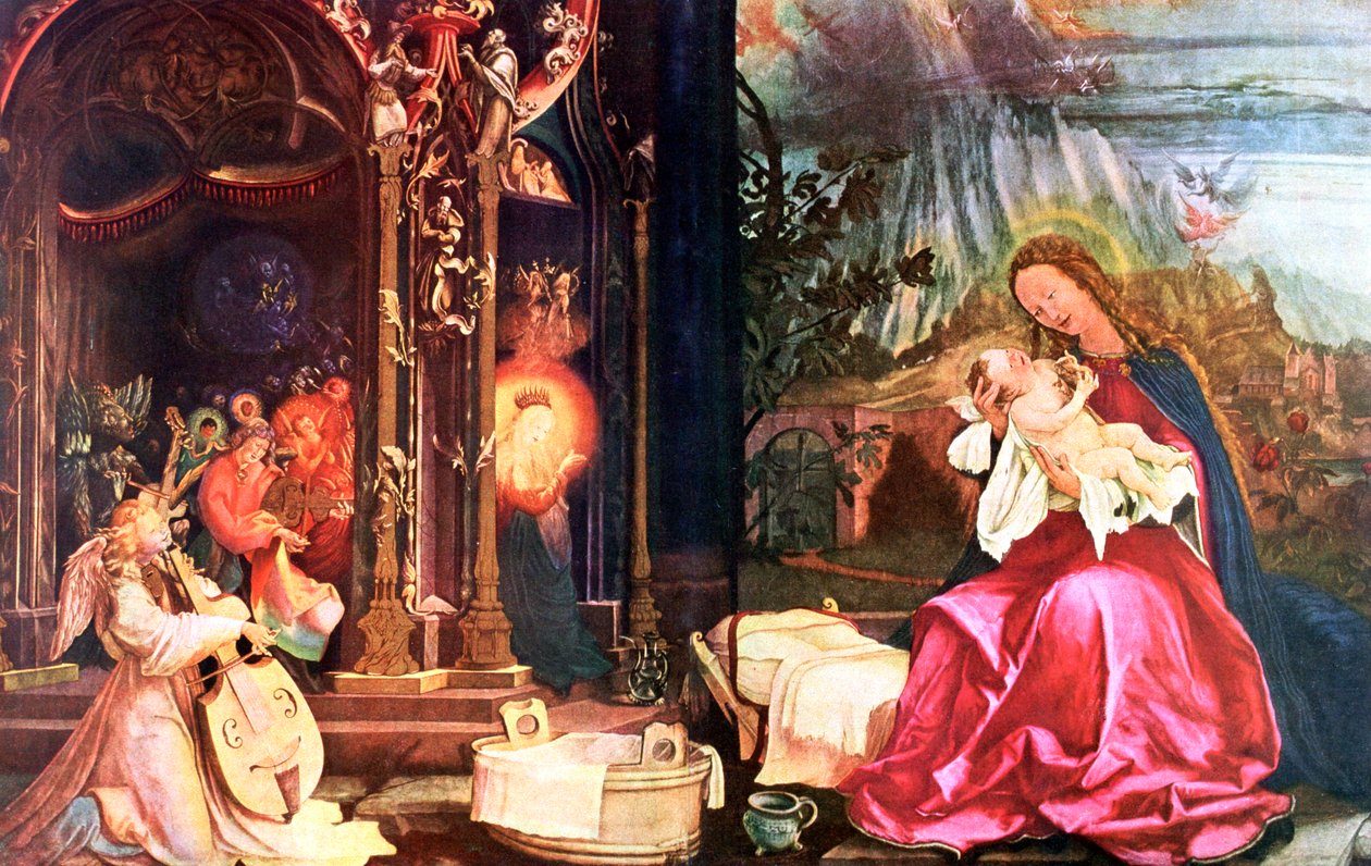 "Isenheimin Antoniinien syntymä", n. 1490-1528 tekijältä Matthias Gruenewald