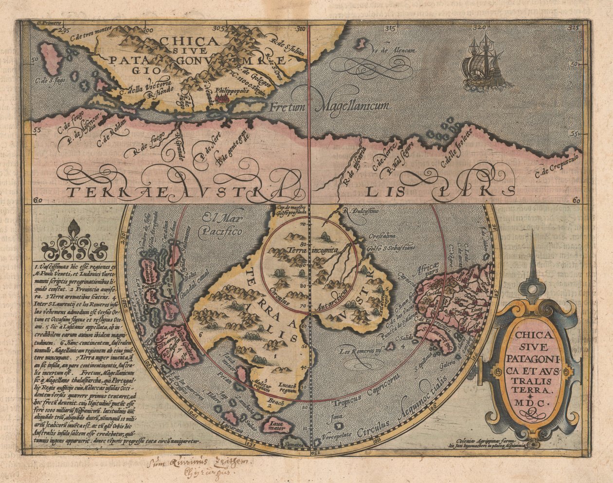 Chica sive Patagonica et Australis Terra maantieteellisestä käsikirjasta, 1600 tekijältä Matthias Quad