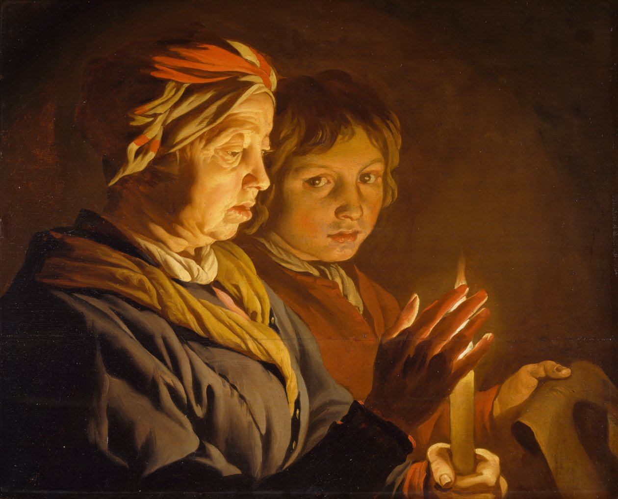 Vanha nainen ja poika kynttilänvalossa, 1630-1650 tekijältä Matthias Stomer