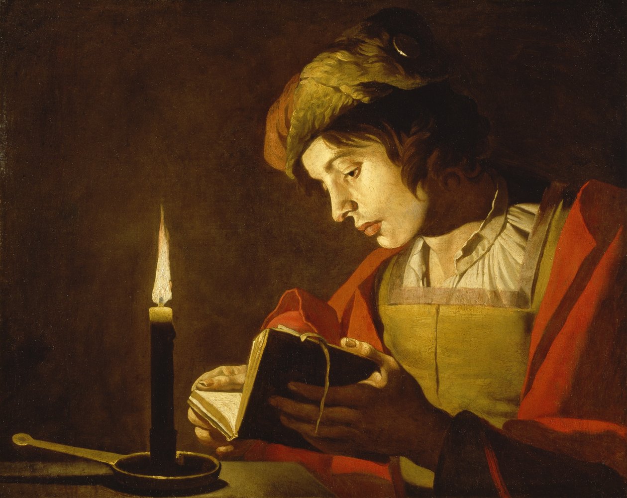 Nuori mies lukee kynttilän valossa, n. 1630 tekijältä Matthias Stomer