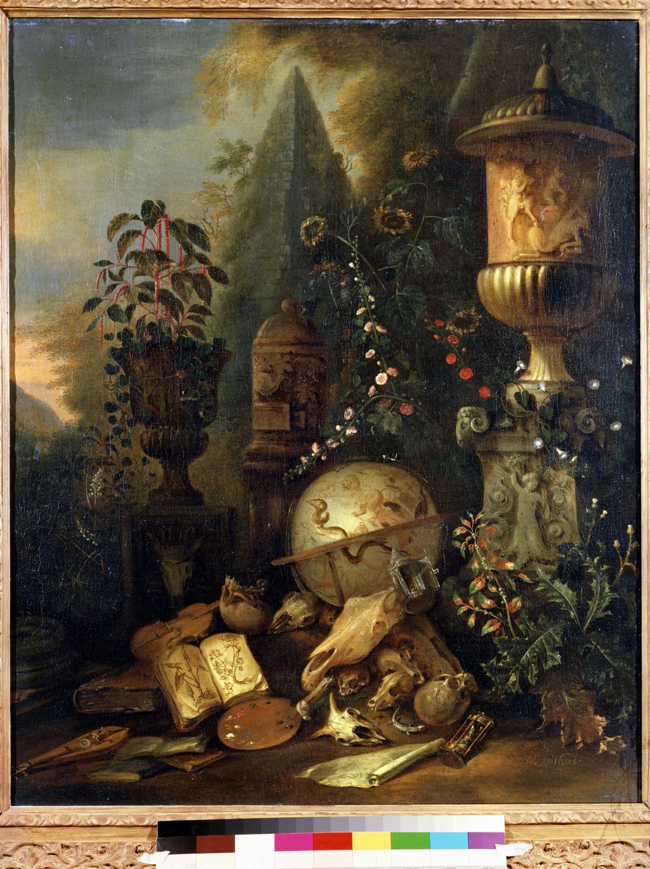 Vanitas, asetelma maljakon kanssa (Vanitas, asetelma maljakon kanssa). Matthias Withoosin (1627-1703) maalaus. Öljy kankaalle, 83 x 67 cm. 1600-luvun hollantilainen taide. Pushkinin taidemuseo, Moskova. tekijältä Matthias Withoos