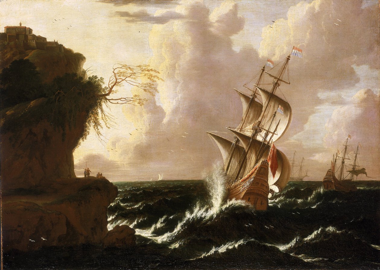 Hollantilainen laiva myrskyssä kallion edessä, jonka päällä on linnoitettuja rakennuksia. Matthieu van Plattenbergin (1608-1660) öljy kankaalle. tekijältä Matthieu van (c.1608 60) Plattenberg