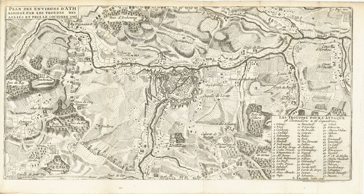 Beleg van Ath, 1706 Suunnitelma liittoutuneiden joukkojen piirittämän Athin ympäristöstä, joka on otettu 2. lokakuuta 1706 (otsikko esineessä) tekijältä Matthijs Pool (possibly)