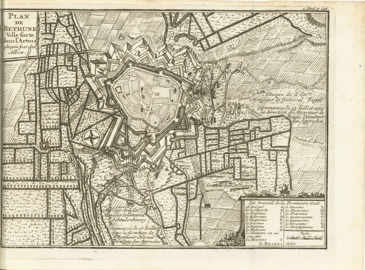 Beleg van Bethune, 1710 Kartta liittoutuneiden piirittämästä Bethunen linnoituksesta Artoisissa (otsikko esineessä) tekijältä Matthijs Pool (possibly)