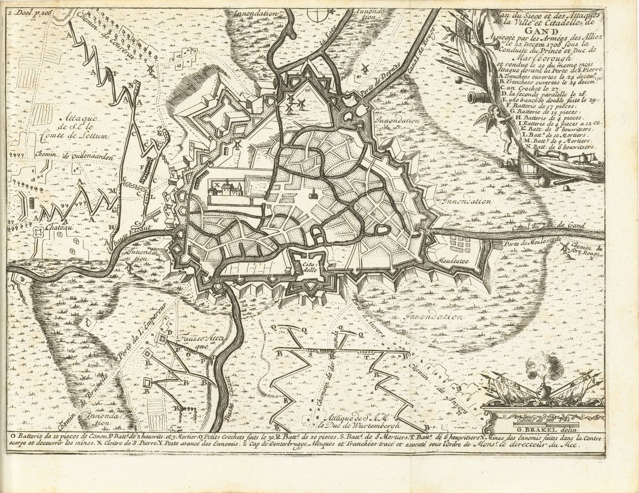 Beleg van Gent, 1708 Kartta Gentin kaupungin ja linnoituksen piirityksestä ja hyökkäyksistä, joita liittoutuneiden armeijat piirittivät 22. joulukuuta 1708 Marlboroughin prinssin ja herttuan johdolla (otsikko esineessä) tekijältä Matthijs Pool (possibly)