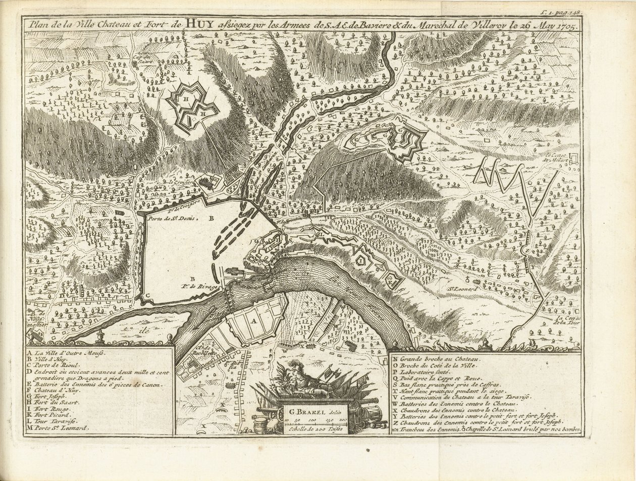 Beleg van Huy, 1705 S.A.E.:n armeijoiden piirittämän kaupungin linnan ja Huyn linnoituksen suunnitelma de Baviere & du Marechal de Villeroy le 26. toukokuuta 1705 (otsikko esineessä) tekijältä Matthijs Pool (possibly)