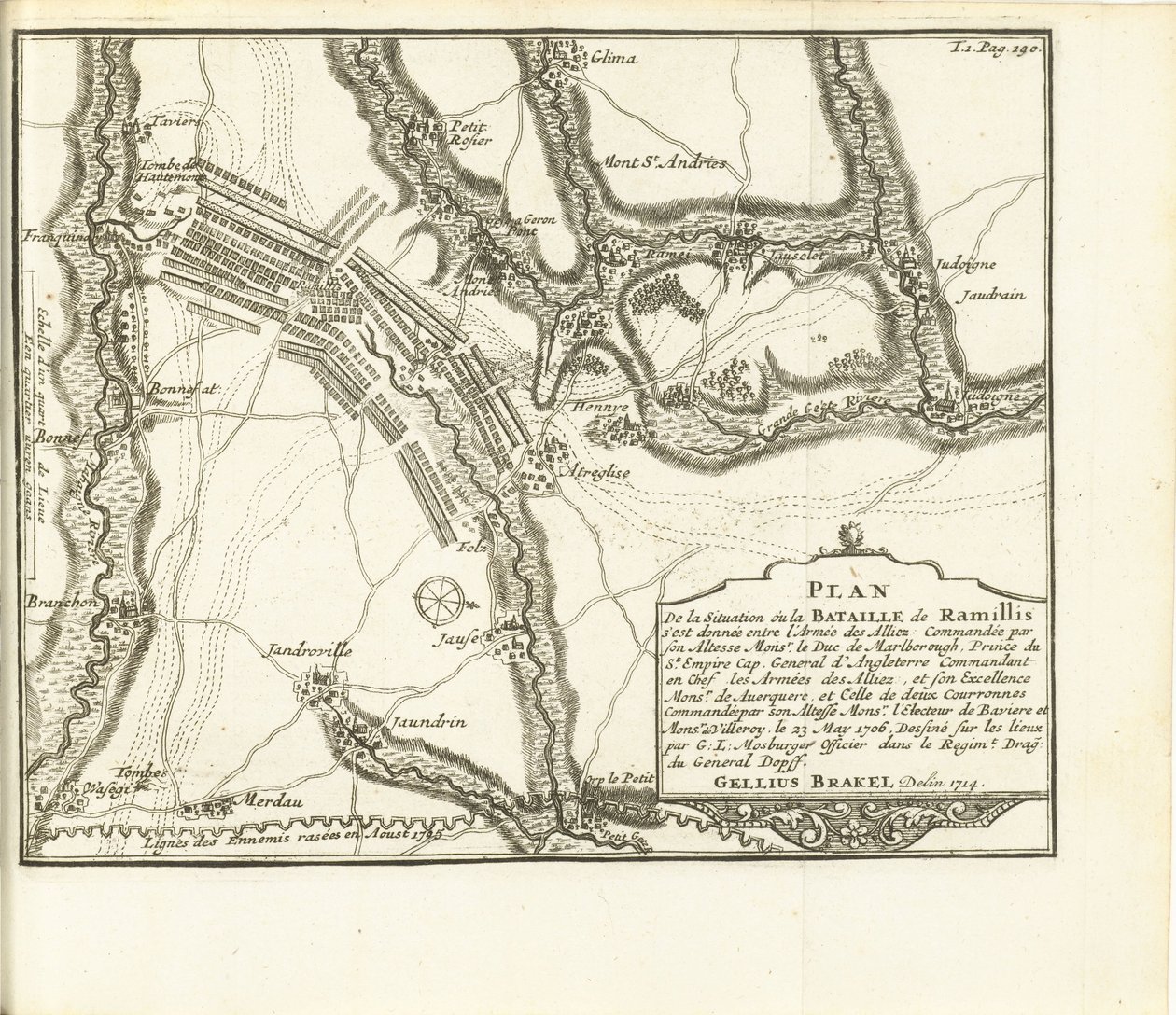 Kuona Ramilliesissa, 1706 S.A.E.:n armeijoiden piirittämän kaupungin linnan ja Huyn linnoituksen suunnitelma de Baviere & du Marechal de Villeroy le 26. toukokuuta 1705 (otsikko esineessä) tekijältä Matthijs Pool (possibly)