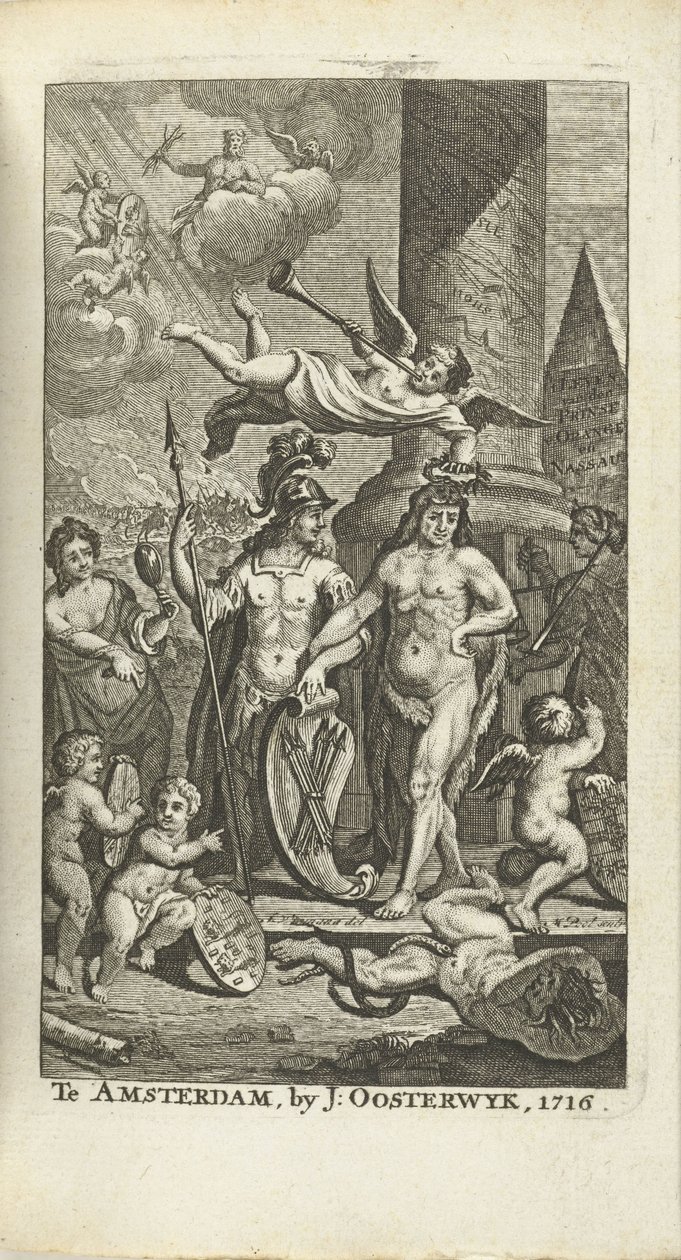 Kaiverrettu otsikkosivu teokselle J. Lamigue: The life of Zyne Hoogheit Johan Willem Friso, 1716 tekijältä Matthijs Pool