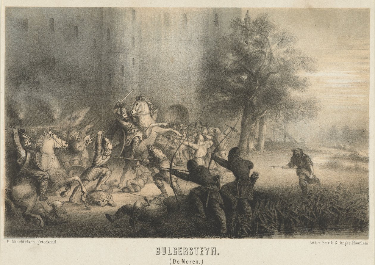 Normanien piirittämä Bulgersteyn, n. 810 Bulgersteyn (Norjalaiset) (otsikko esineessä) tekijältä Matthijs Willem Gerardus Michielsen