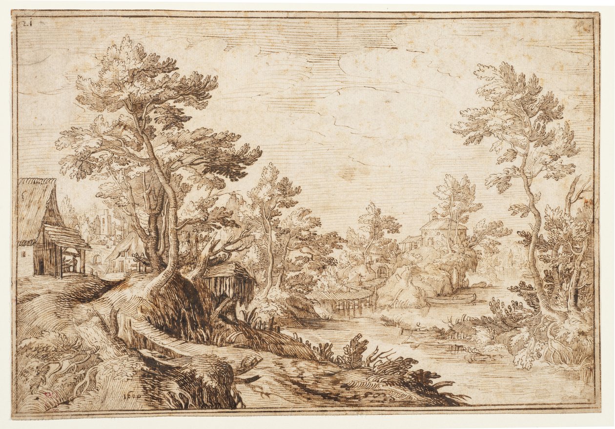 Maisema, jossa joki ja kylä, n.1501-1600 (musta liitu, kynä ja ruskea muste lyijypaperille) tekijältä Matthijs the younger (after) Bril