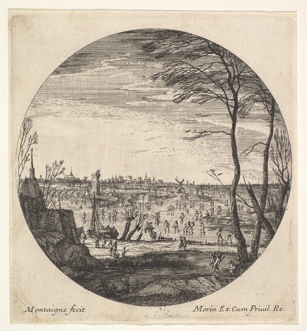 Talvimaisema, jossa taitoluistelijat jäätyneellä vesistöllä roundel-komposissa..., n. 1625-60. tekijältä Matthijs van Plattenberg