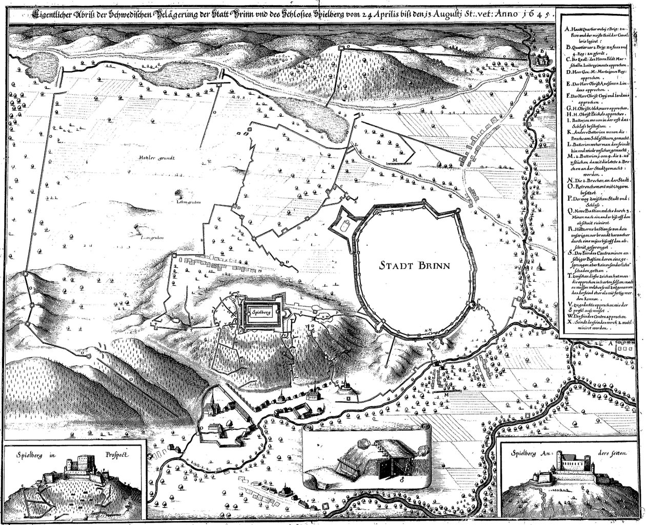 Plán města Brna v roce 1645, tedy v období svého obléhání Švédy, od Meriana tekijältä Matthaus Merian