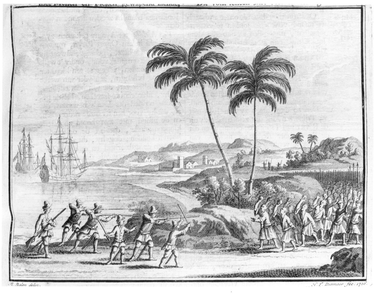 Hollantilainen maihinnousuryhmä väijytys Itä-Intiassa, Valentijnin teoksesta "Oud en Nieuw Oost-Indien 1724-26", kaiverrus Diamaer, 1726 tekijältä Matthys Balen
