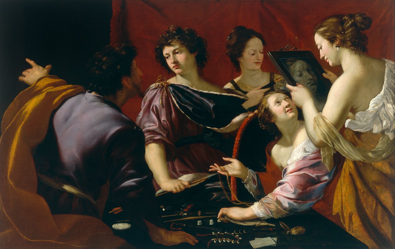 Tasso Ferraran hovissa (tai Viiden aistin allegoria), yksityiskohta näön allegoriasta, n. 1630-1690 tekijältä Mattia Preti