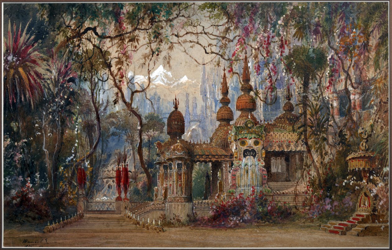 Lavastus M. Glinkan par Shishkov, Matvei Andrejevitš (1832-1897) oopperaan Ruslan ja Ljudmila. Kynä, sivellin, vesiväri, muste ja valkoinen väri paperille tekijältä Matvey Andreyevich Shishkov