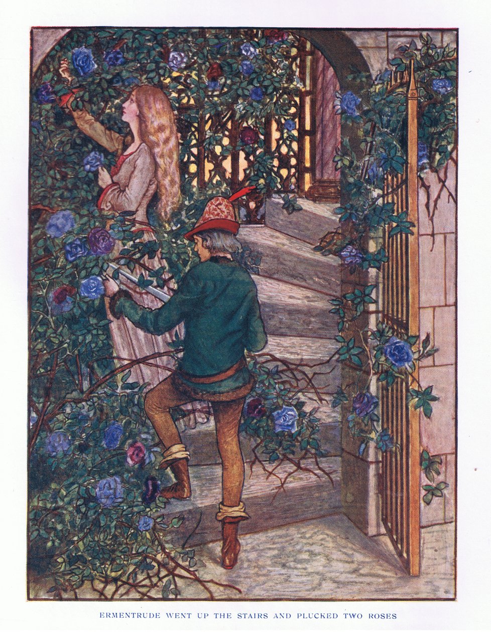 Ermentrude nousi portaita ylös ja poimi ruusuja, kuvitus elokuvasta Lady And Fairy Tales, 1914 tekijältä Maud Tindal Atkinson