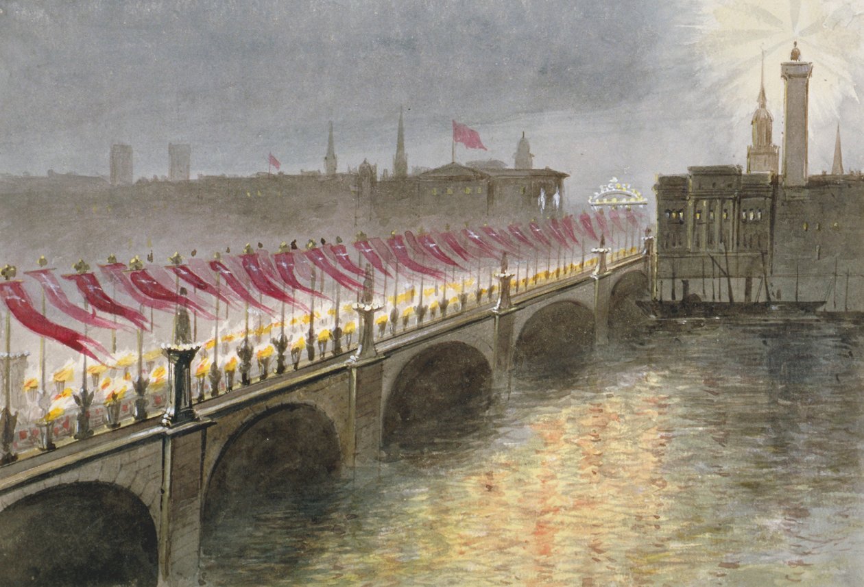 Näkymä London Bridgelle Tanskan prinsessa Alexandran saapumisyönä vuonna 1863 tekijältä Maul