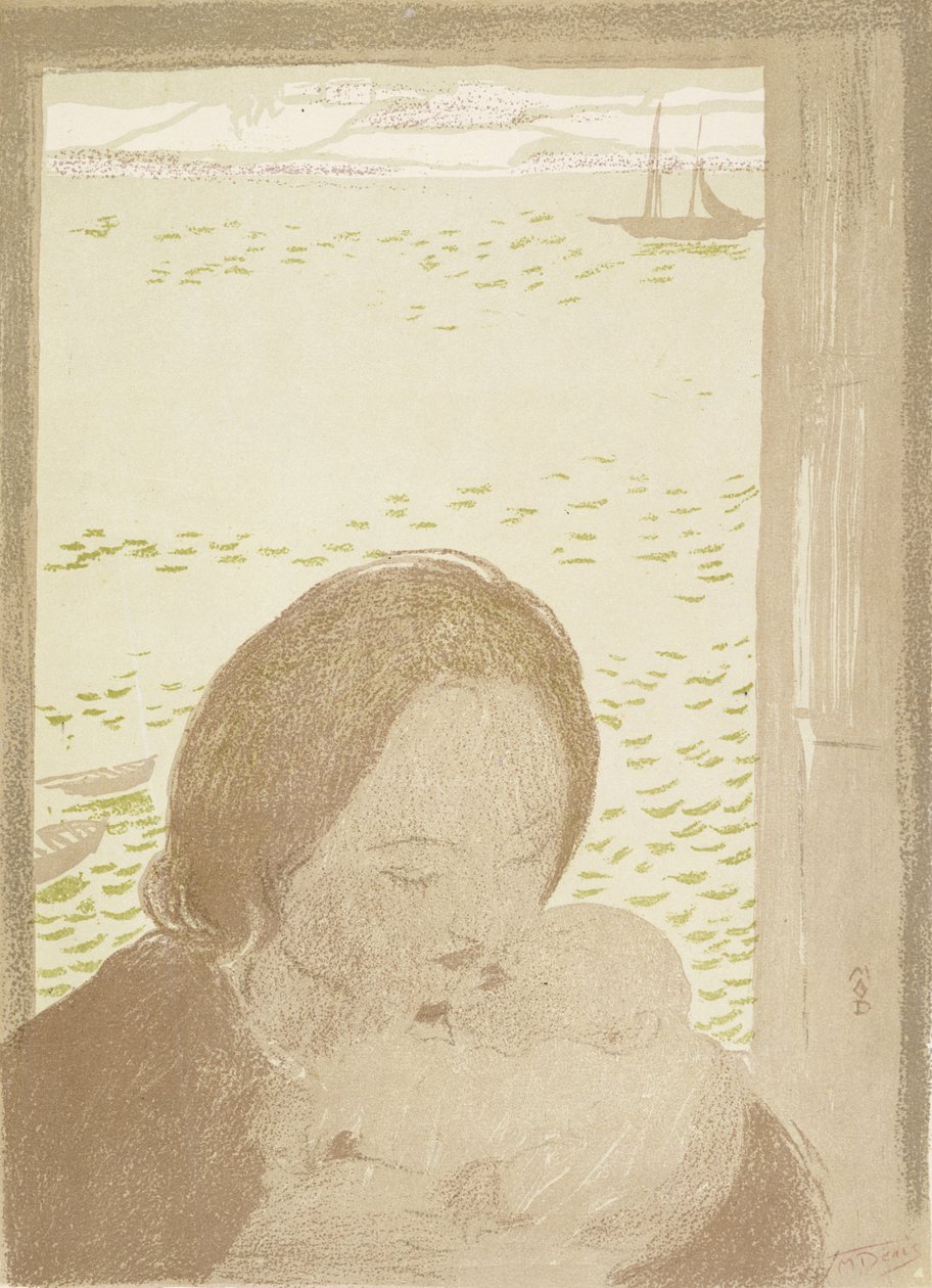 Äiti ja lapsi meren rannalla Pouldussa, 1900 (värilitopaino vovipaperille) tekijältä Maurice Denis