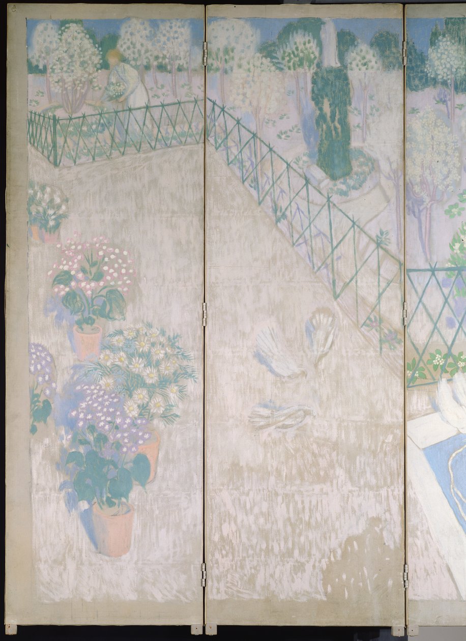 Seinäkyyhkynen, yksityiskohta vasemmanpuoleisista paneeleista, n. 1896 öljy kankaalle tekijältä Maurice Denis