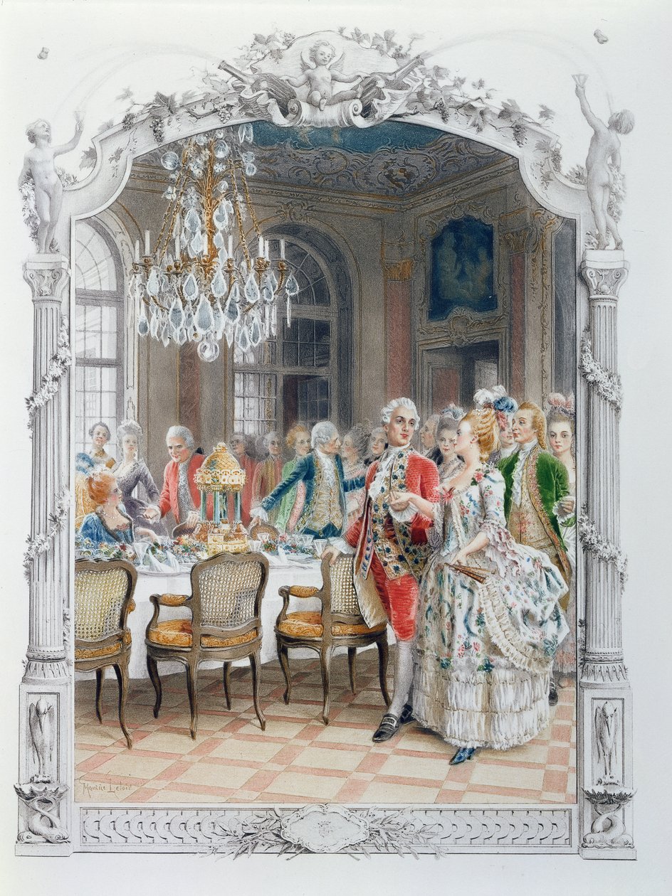 Tyylikäs ateria 1700-luvulla, kuva "Une femme de qualite au siecle passe", n. 1885 tekijältä Maurice Leloir
