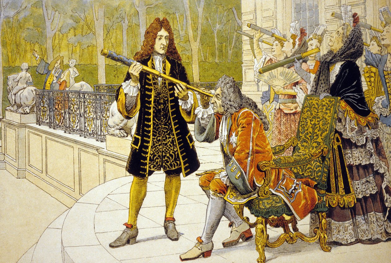 Ludvig XIV ja Jacques Cassini värilitografia tekijältä Maurice Leloir