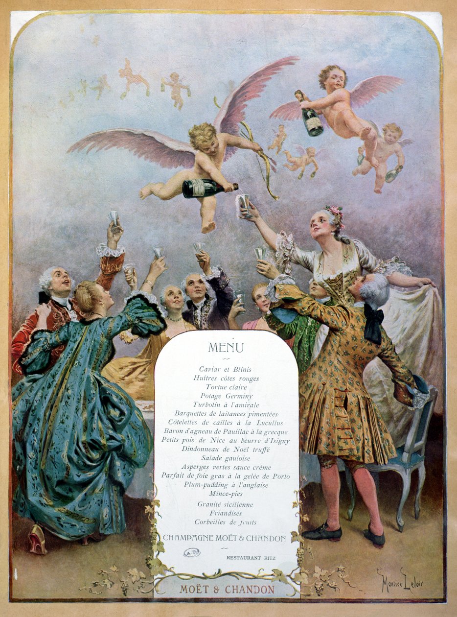 Ritz-ravintolan menu, joka kuvaa ryhmää tyylikkäitä 1700-luvun miehiä ja naisia juomassa samppanjaa kerubien tarjoilemana, 1910 tekijältä Maurice Leloir