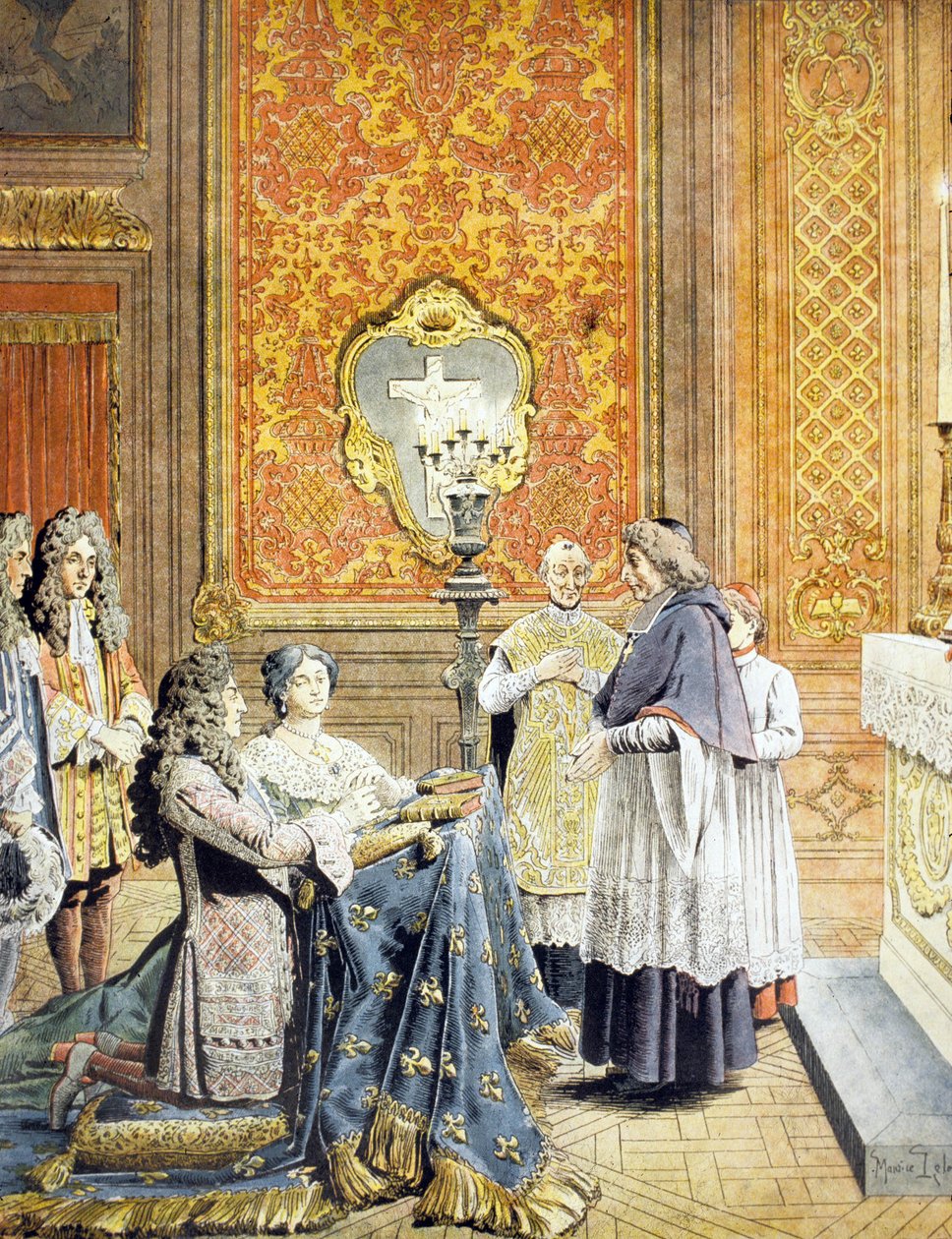 Pariisin arkkipiispa Francois Harlay de Champvallonin ja Pere Lachaisen järjestämät salaiset häät kuningas Ludvig XIV:n ja Francoise dAubignen, rouva de Maintenonin, välillä 9.-10. lokakuuta 1683 Monseigneurin läsnä ollessa. tekijältä Maurice Leloir