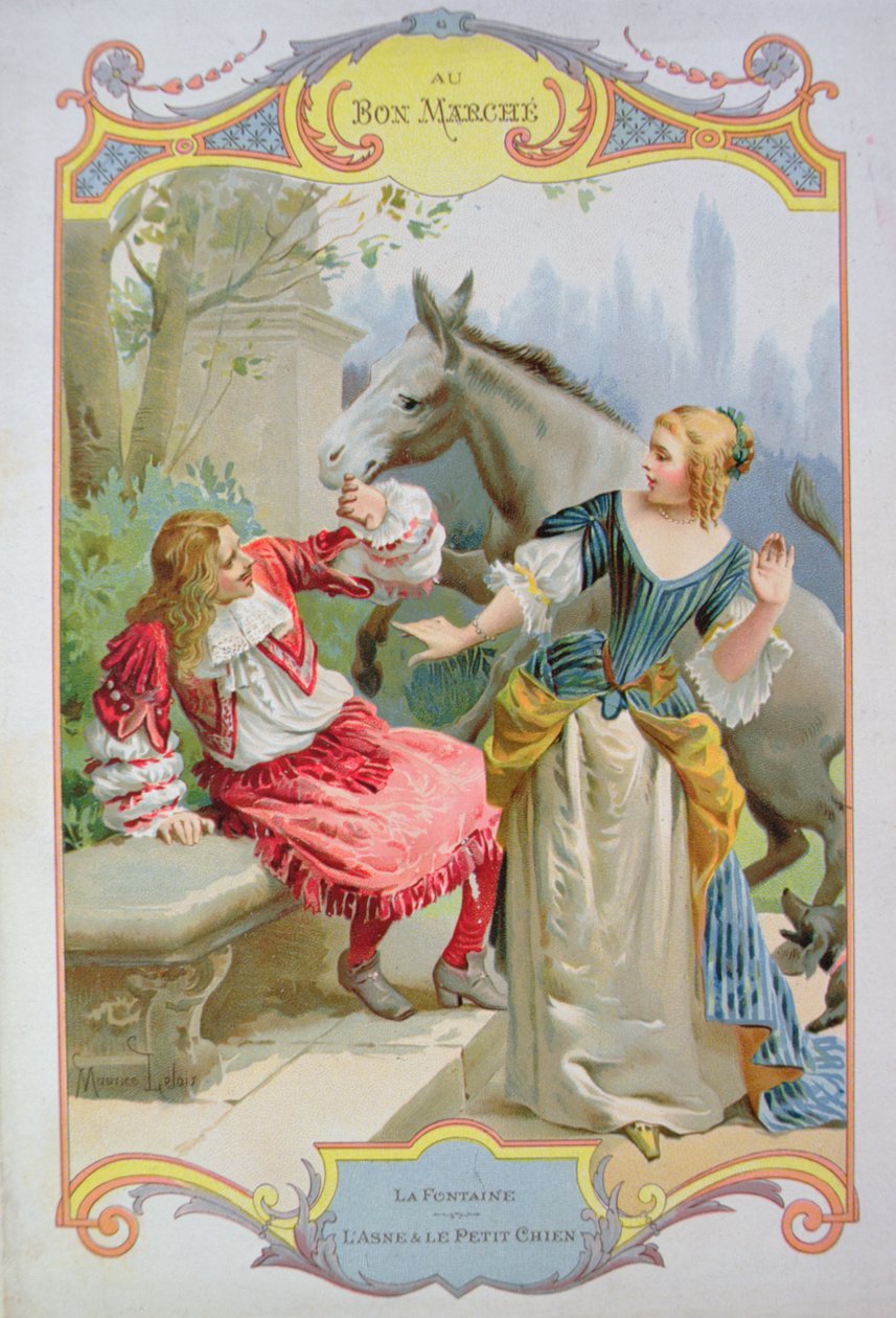 Aasi ja pieni koira, Jean de La Fontainen (1621-95) Fablesista, Au Bon Marchen tavaratalon mainos tekijältä Maurice Leloir